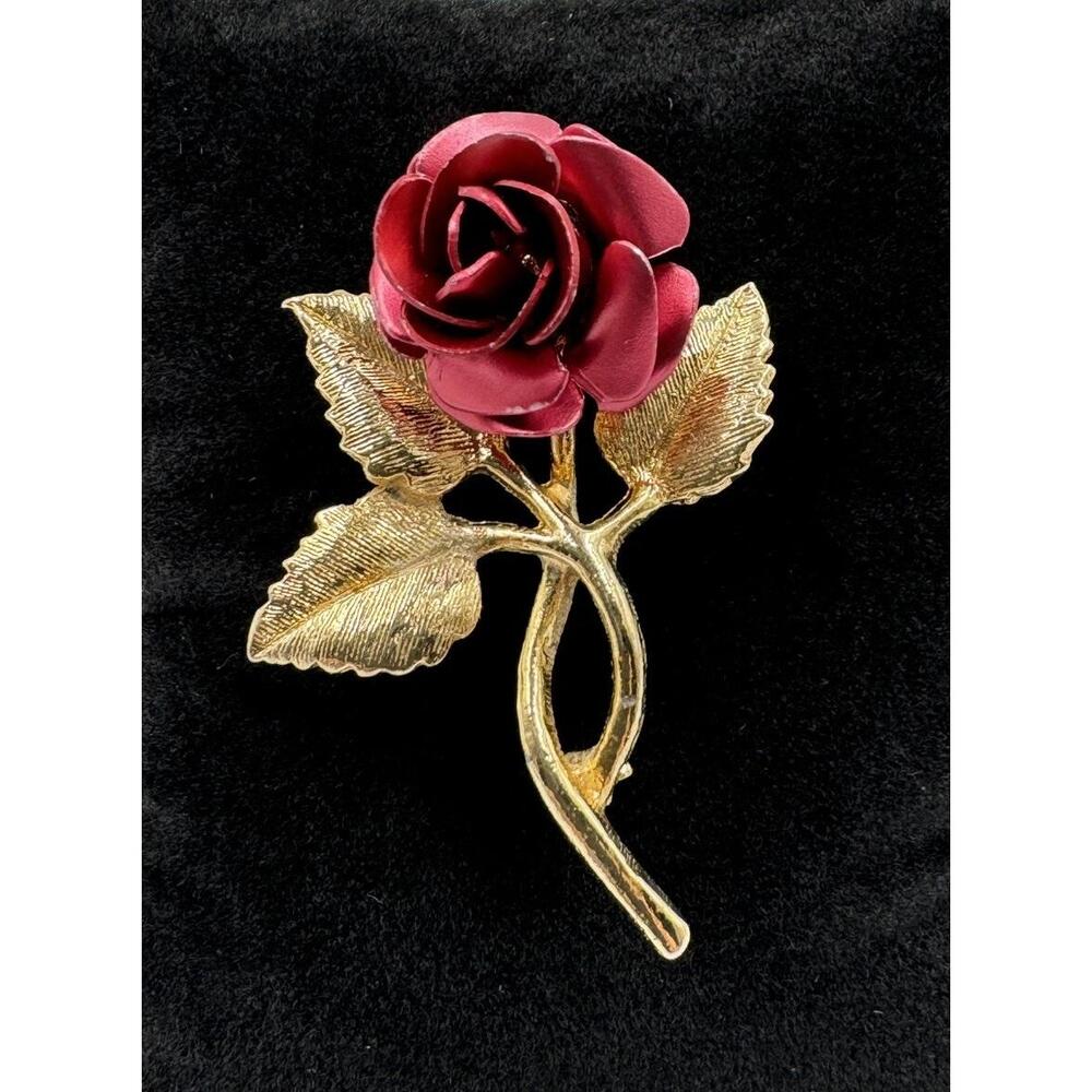 Vintage Gold Tone Red Rose Brooch Lapel Pin Estate Jewelry Flower Love Token